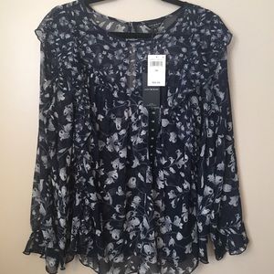 Lucky Brand Floral Ruffle Blouse Navy Blue Plus 1X